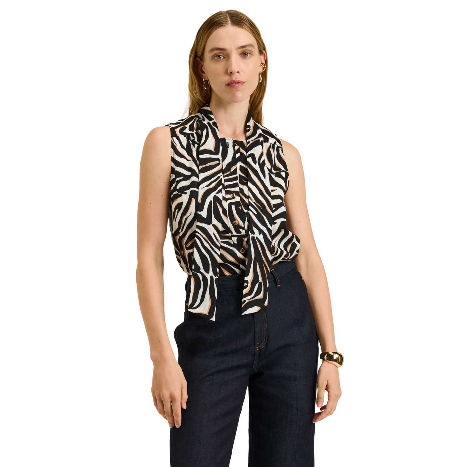 Veronika Maine Abstract Zebra Sleeveless Shirt With Tie